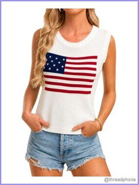 Patriotic Star Embroidered Knit Sleeveless Tank Top - Women's Crochet Summer